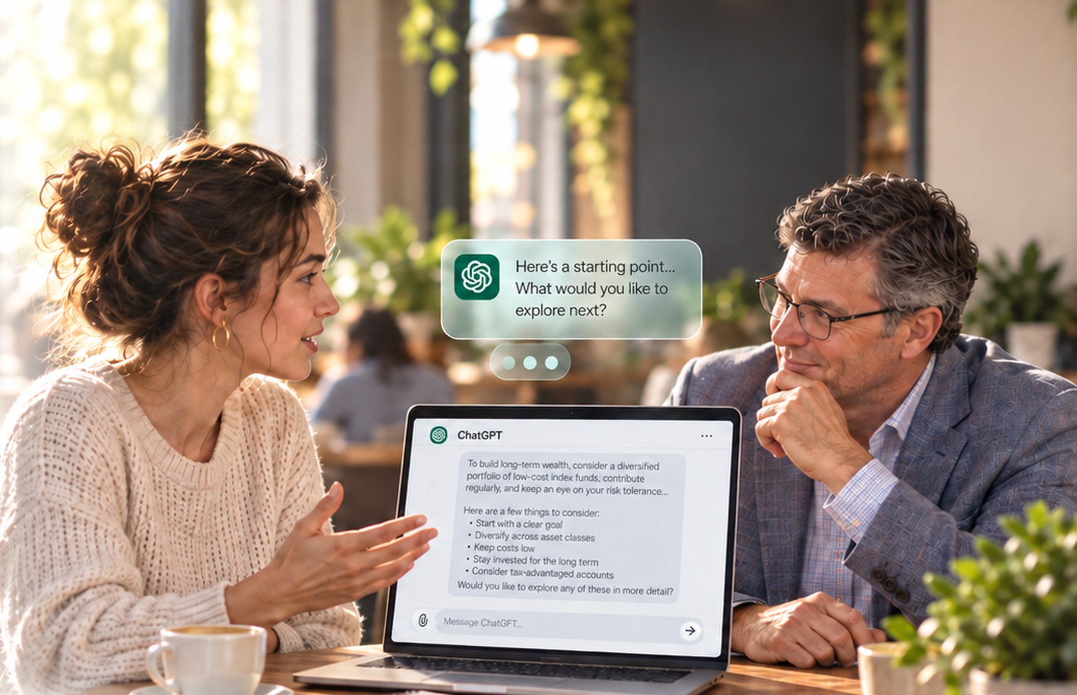 A client and advisor discussing a decision over coffee with an AI answer open on a laptop
